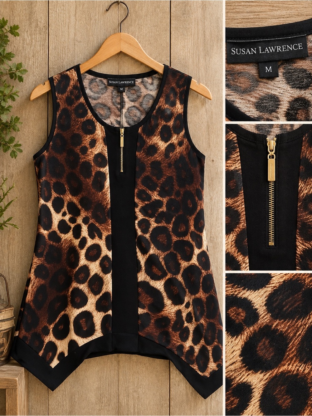Susan Lawrence Leopard Print Sleeveless Tunic with Front Zip in Brown and Black